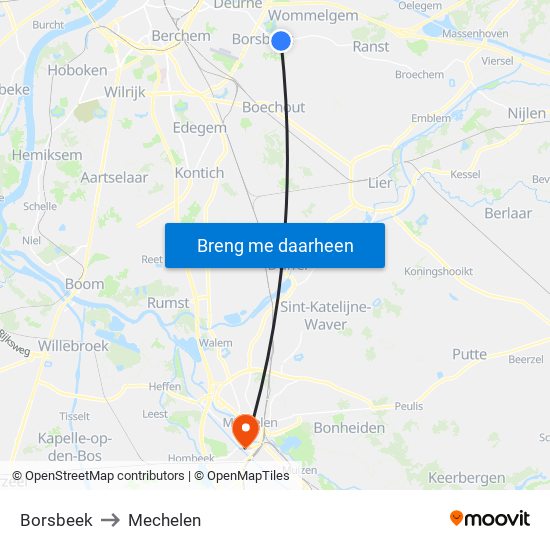 Borsbeek to Mechelen map