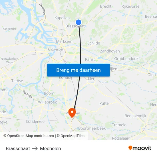 Brasschaat to Mechelen map
