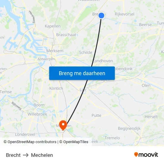 Brecht to Mechelen map