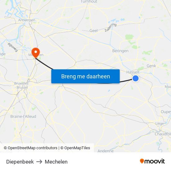 Diepenbeek to Mechelen map