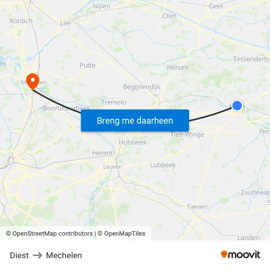Diest to Mechelen map
