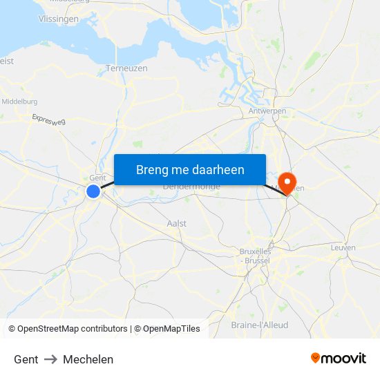 Gent to Mechelen map