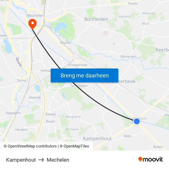 Kampenhout to Mechelen map