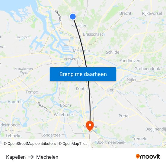 Kapellen to Mechelen map