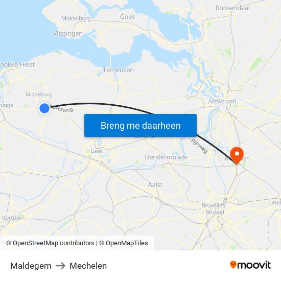 Maldegem to Mechelen map