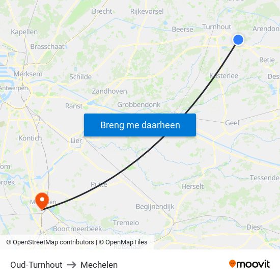 Oud-Turnhout to Mechelen map