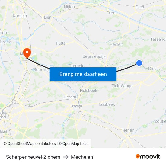 Scherpenheuvel-Zichem to Mechelen map