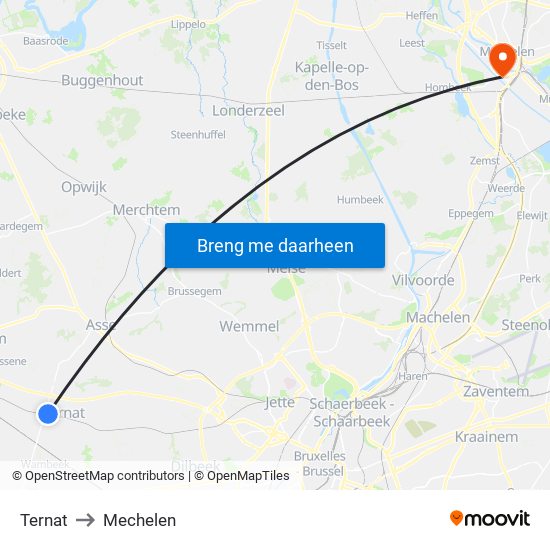 Ternat to Mechelen map