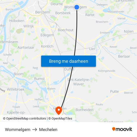 Wommelgem to Mechelen map