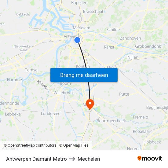 Antwerpen Diamant Metro to Mechelen map