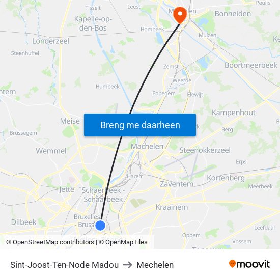 Sint-Joost-Ten-Node Madou to Mechelen map