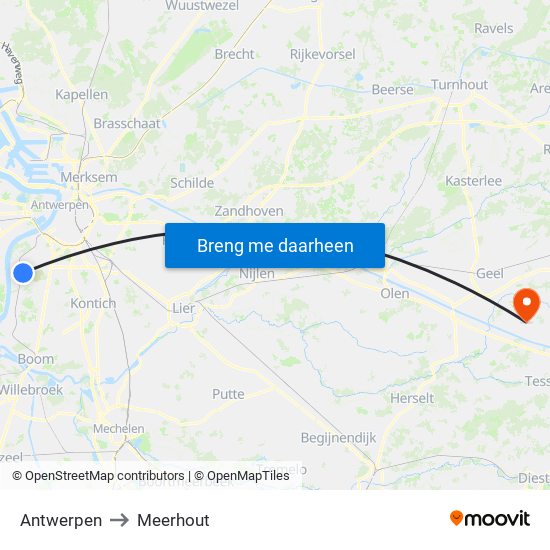 Antwerpen to Meerhout map