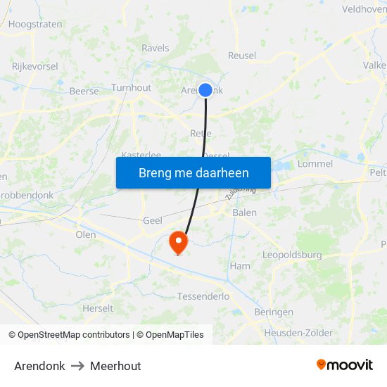 Arendonk to Meerhout map