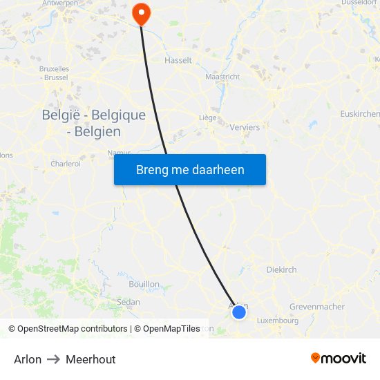 Arlon to Meerhout map