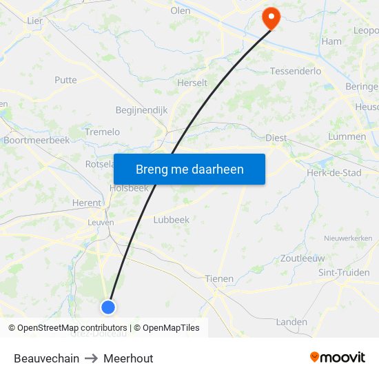 Beauvechain to Meerhout map