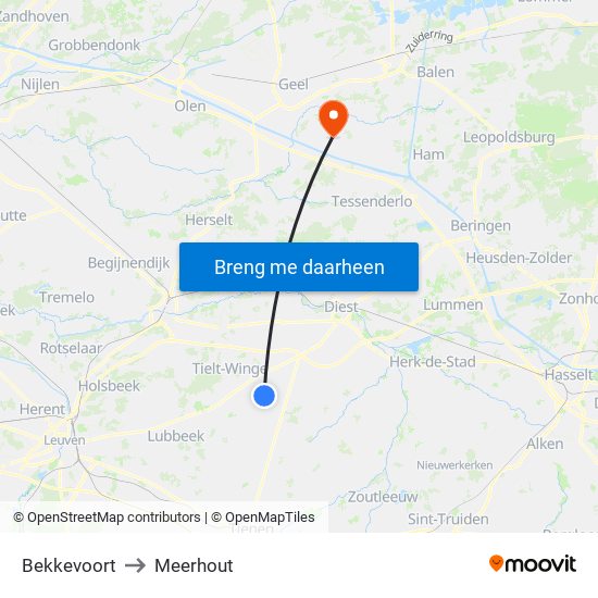 Bekkevoort to Meerhout map