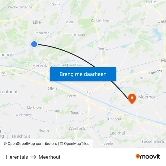 Herentals to Meerhout map