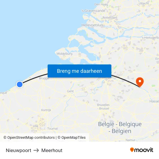 Nieuwpoort to Meerhout map