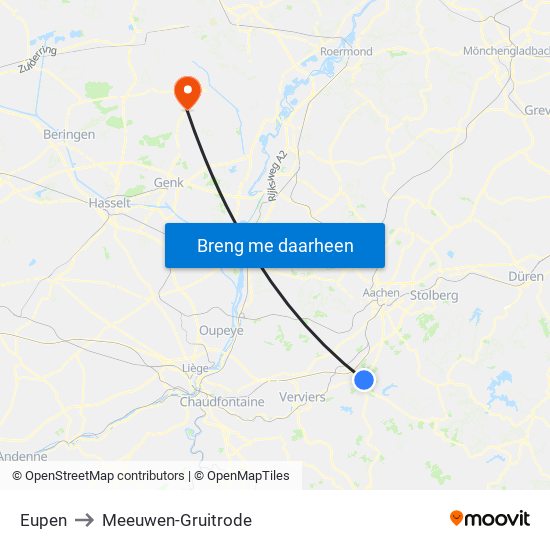 Eupen to Meeuwen-Gruitrode map