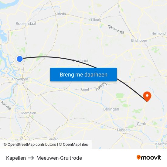 Kapellen to Meeuwen-Gruitrode map