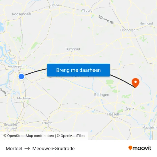 Mortsel to Meeuwen-Gruitrode map