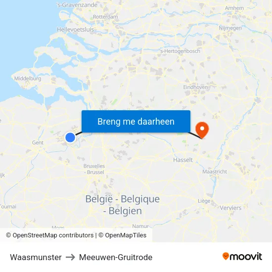 Waasmunster to Meeuwen-Gruitrode map