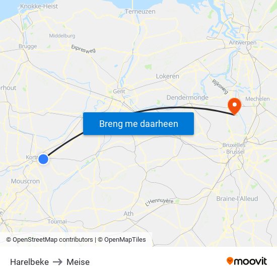 Harelbeke to Meise map