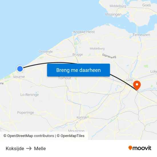 Koksijde to Melle map