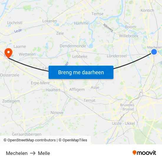 Mechelen to Melle map