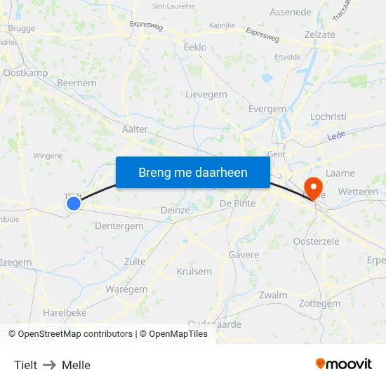 Tielt to Melle map
