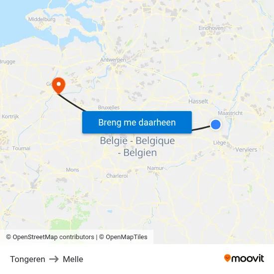 Tongeren to Melle map