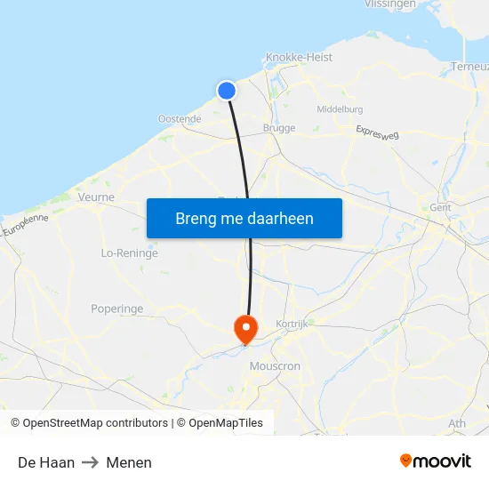 De Haan to Menen map