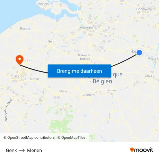 Genk to Menen map
