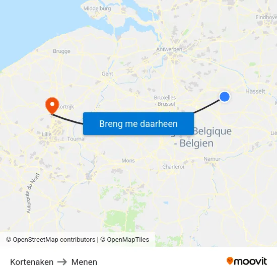 Kortenaken to Menen map