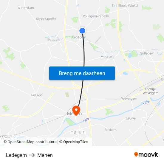 Ledegem to Menen map