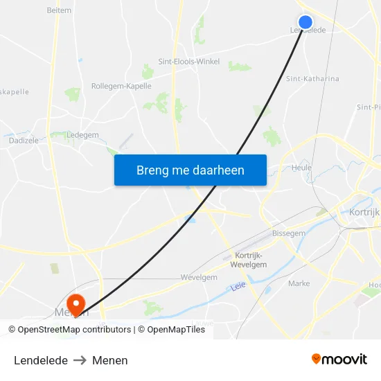 Lendelede to Menen map