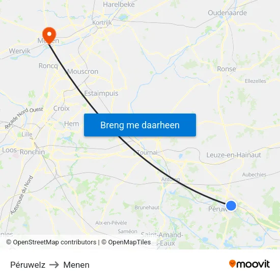 Péruwelz to Menen map