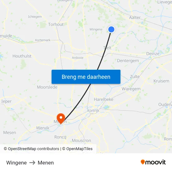 Wingene to Menen map