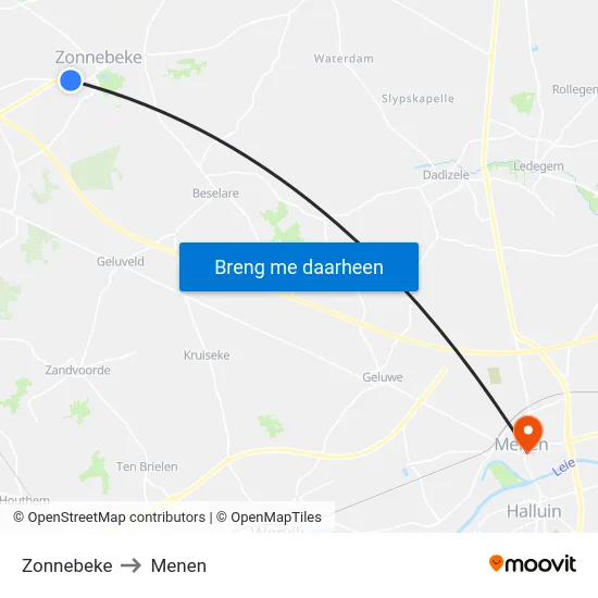 Zonnebeke to Menen map
