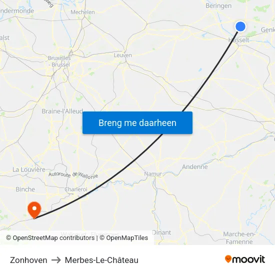 Zonhoven to Merbes-Le-Château map