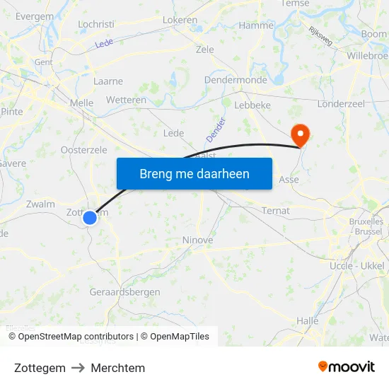 Zottegem to Merchtem map