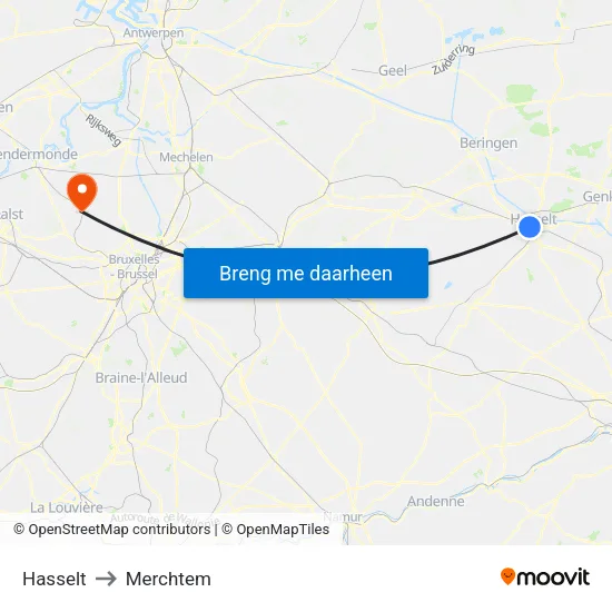 Hasselt to Merchtem map
