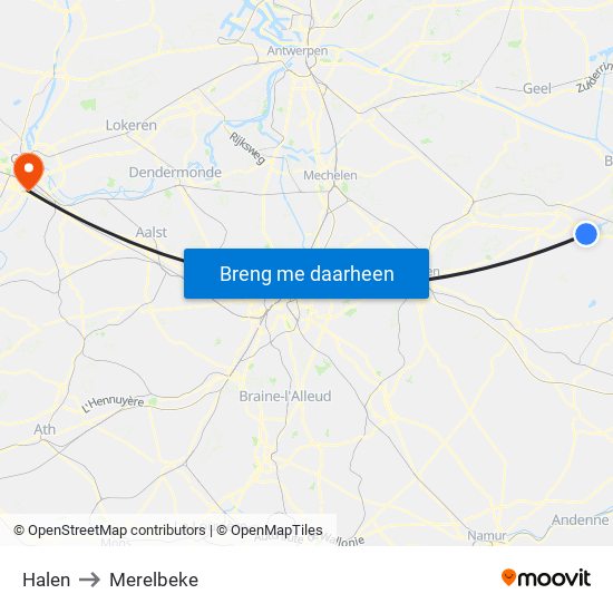 Halen to Merelbeke map