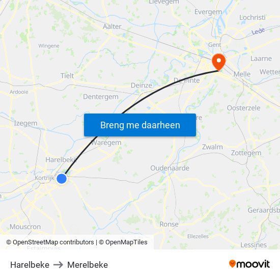 Harelbeke to Merelbeke map