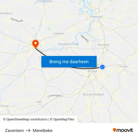 Zaventem to Merelbeke map