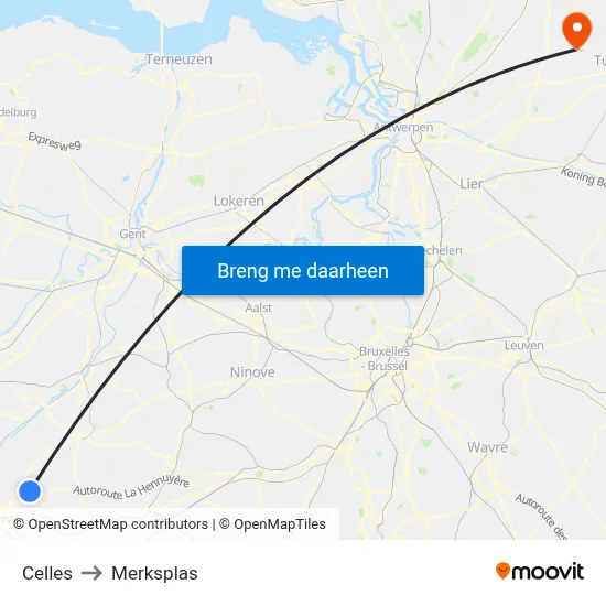 Celles to Merksplas map