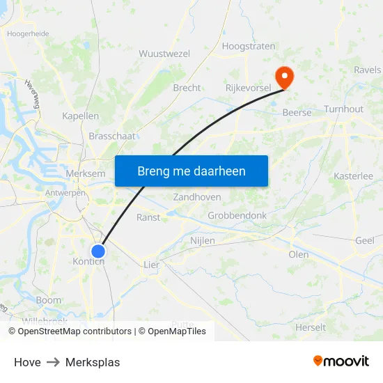 Hove to Merksplas map