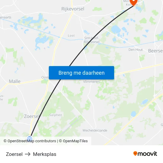 Zoersel to Merksplas map