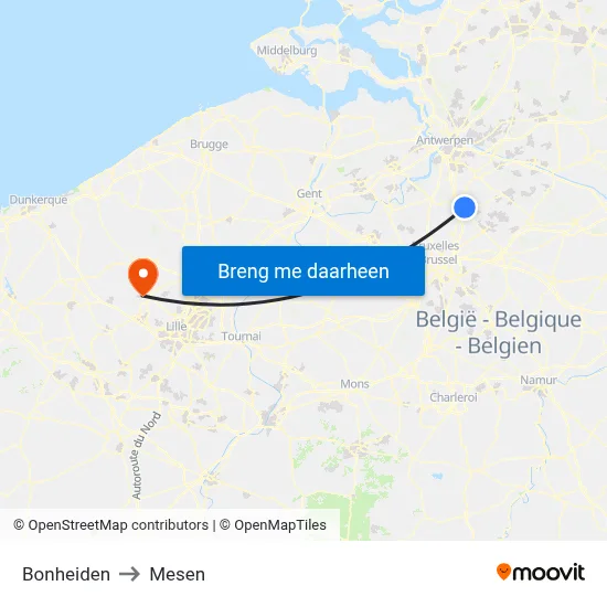 Bonheiden to Mesen map