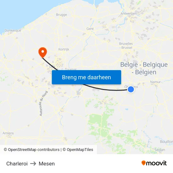 Charleroi to Mesen map